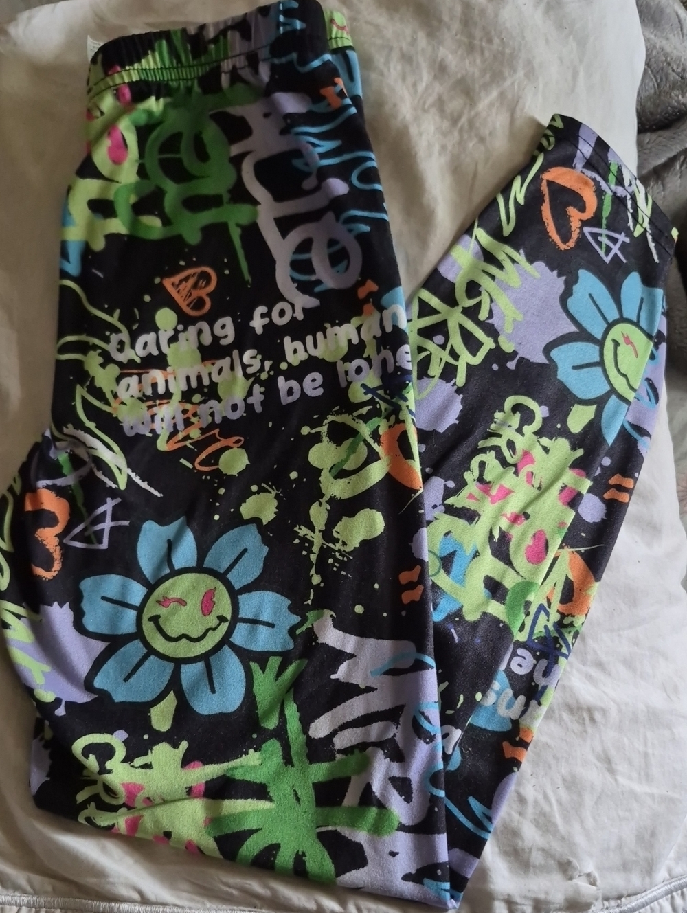 SHEIN Black Graffiti Floral Print Leggings with Neon Accents